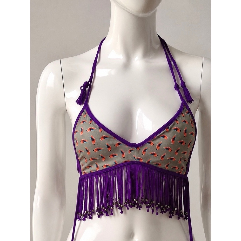 Raisins Womens Purple Fringe Beaded Halter Bikini Top Bird Print P783279 Small